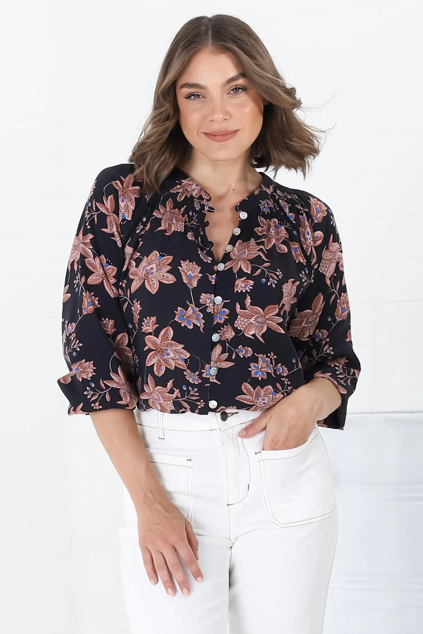 Willow Blouse - Mandarin Collar Lattice Insert Long Sleeve Shirt in Halara Print Black sold by Salty Crush product image thumbnail 2