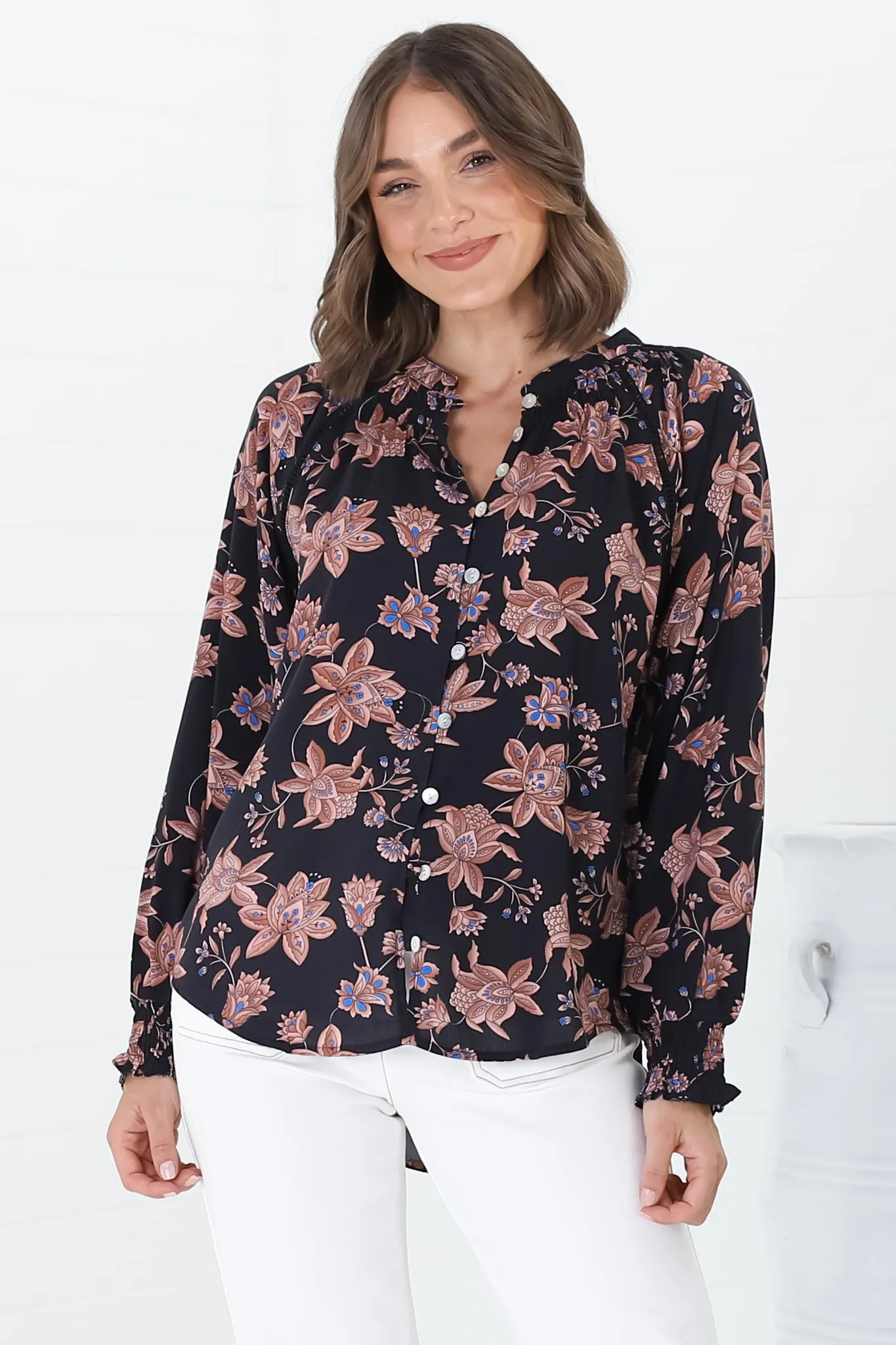 Willow Blouse - Mandarin Collar Lattice Insert Long Sleeve Shirt in Halara Print Black sold by Salty Crush product image thumbnail 3