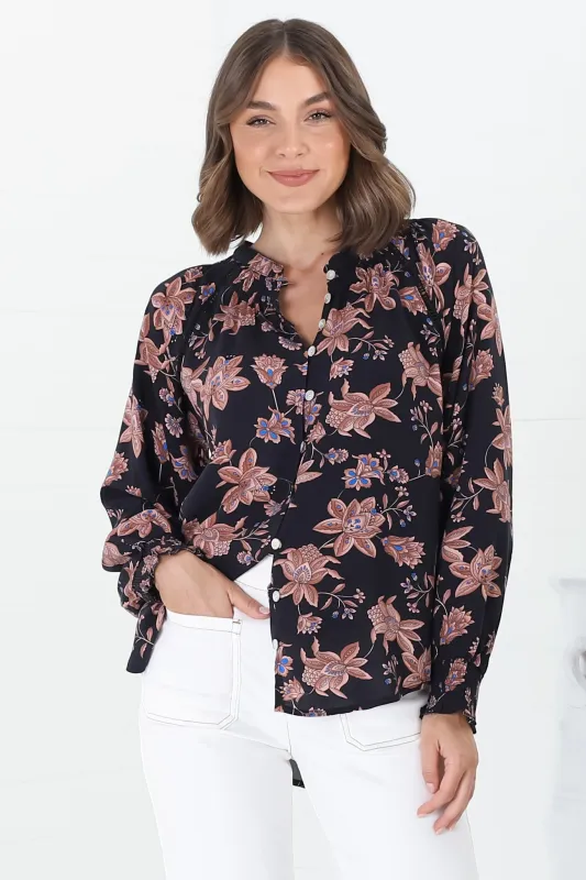 Willow Blouse - Mandarin Collar Lattice Insert Long Sleeve Shirt in Halara Print Black sold by Salty Crush