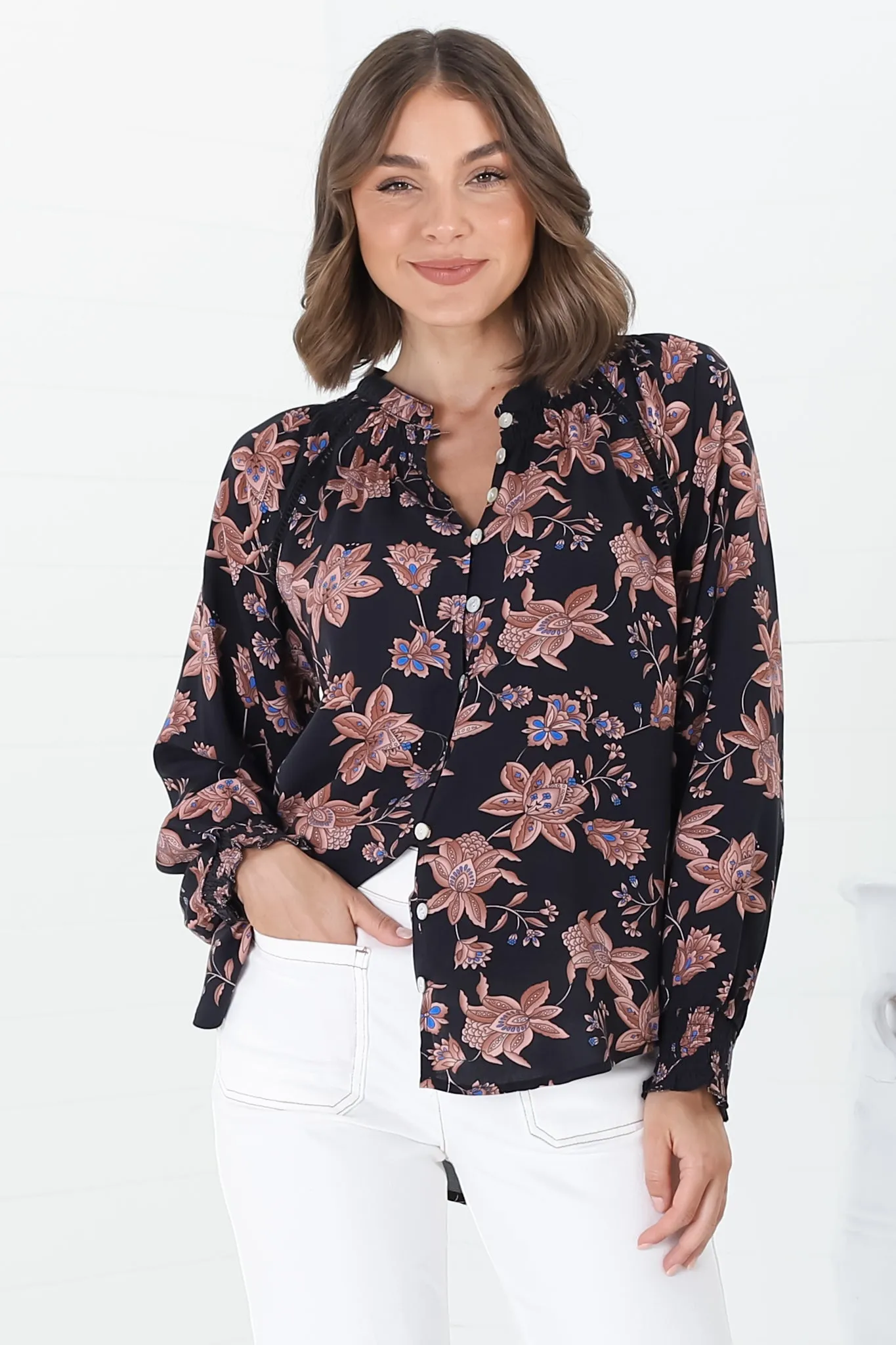 Willow Blouse - Mandarin Collar Lattice Insert Long Sleeve Shirt in Halara Print Black sold by Salty Crush