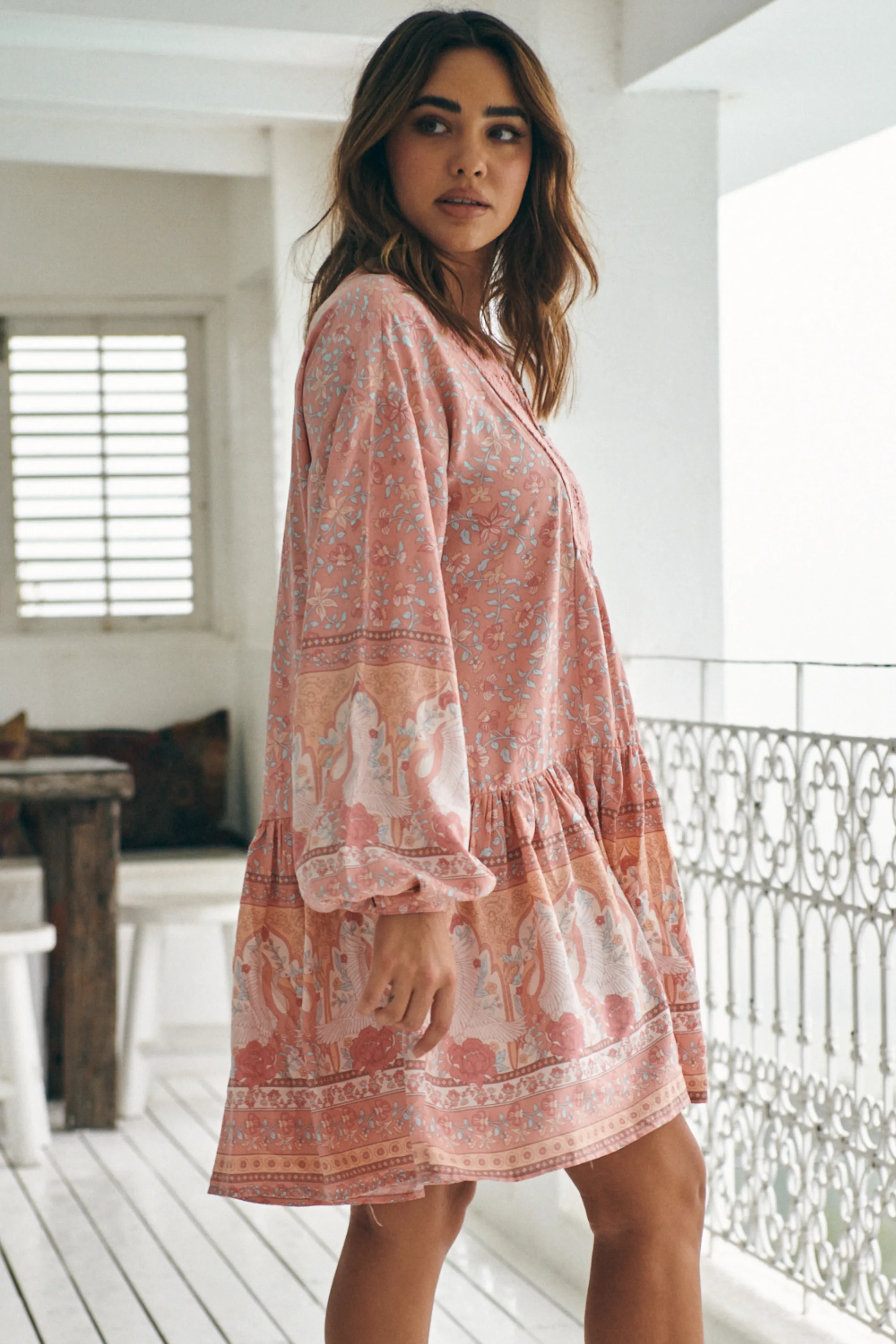 Sparrow Mini Dress - Lace Neckline Balloon Sleeve Smock Dress in Swan Lake Print sold by Salty Crush product image thumbnail 4