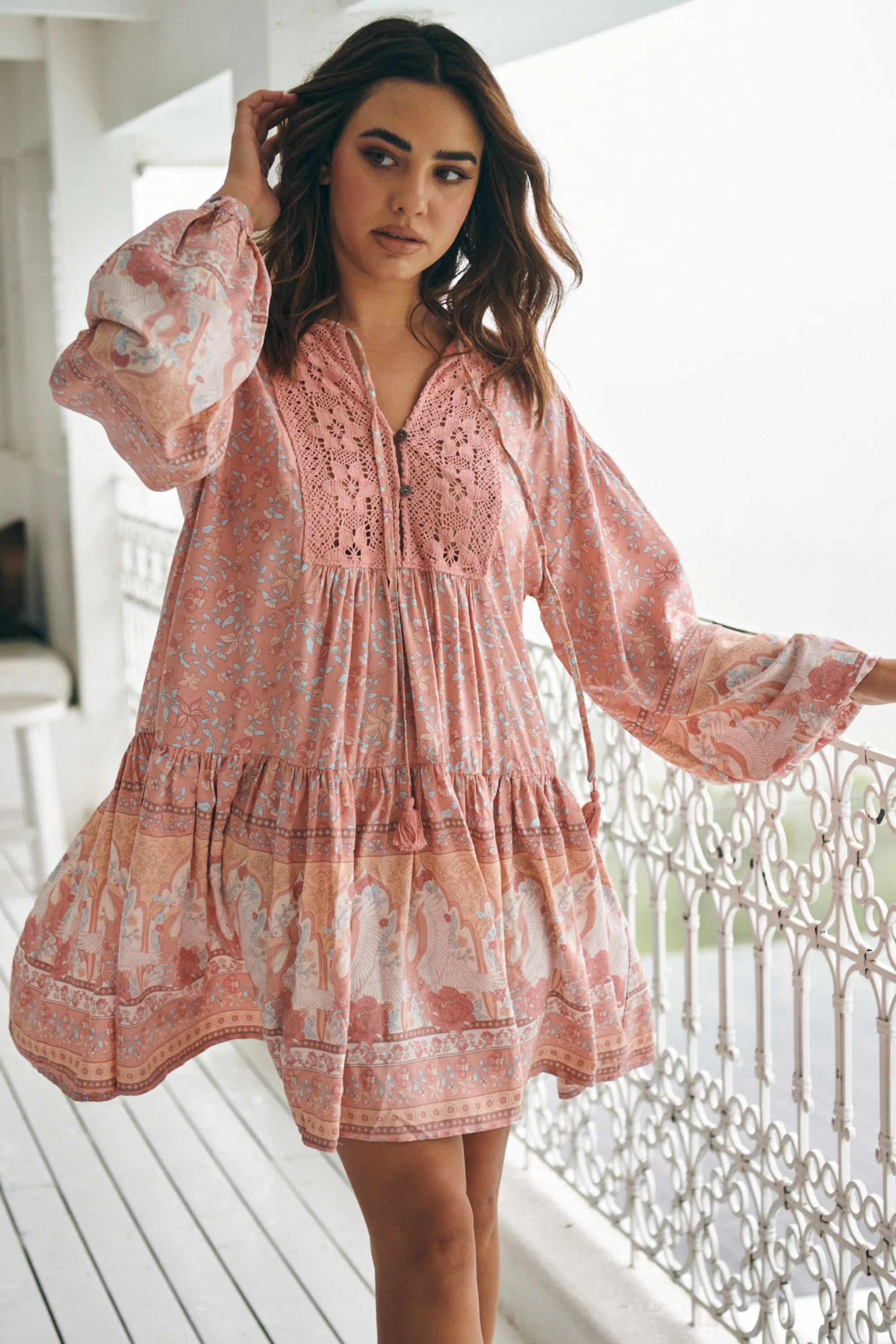Sparrow Mini Dress - Lace Neckline Balloon Sleeve Smock Dress in Swan Lake Print sold by Salty Crush product image thumbnail 3