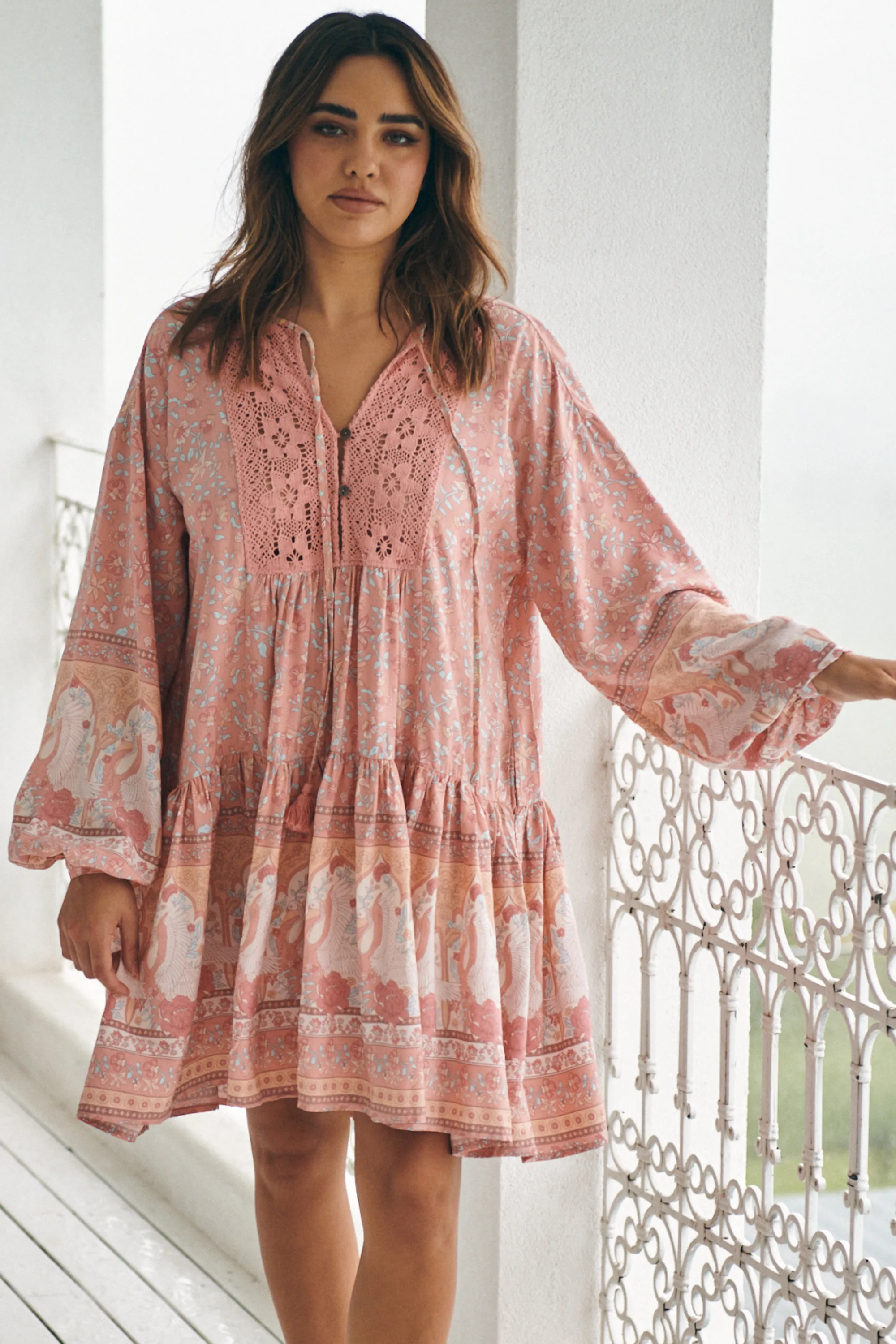 Sparrow Mini Dress - Lace Neckline Balloon Sleeve Smock Dress in Swan Lake Print sold by Salty Crush