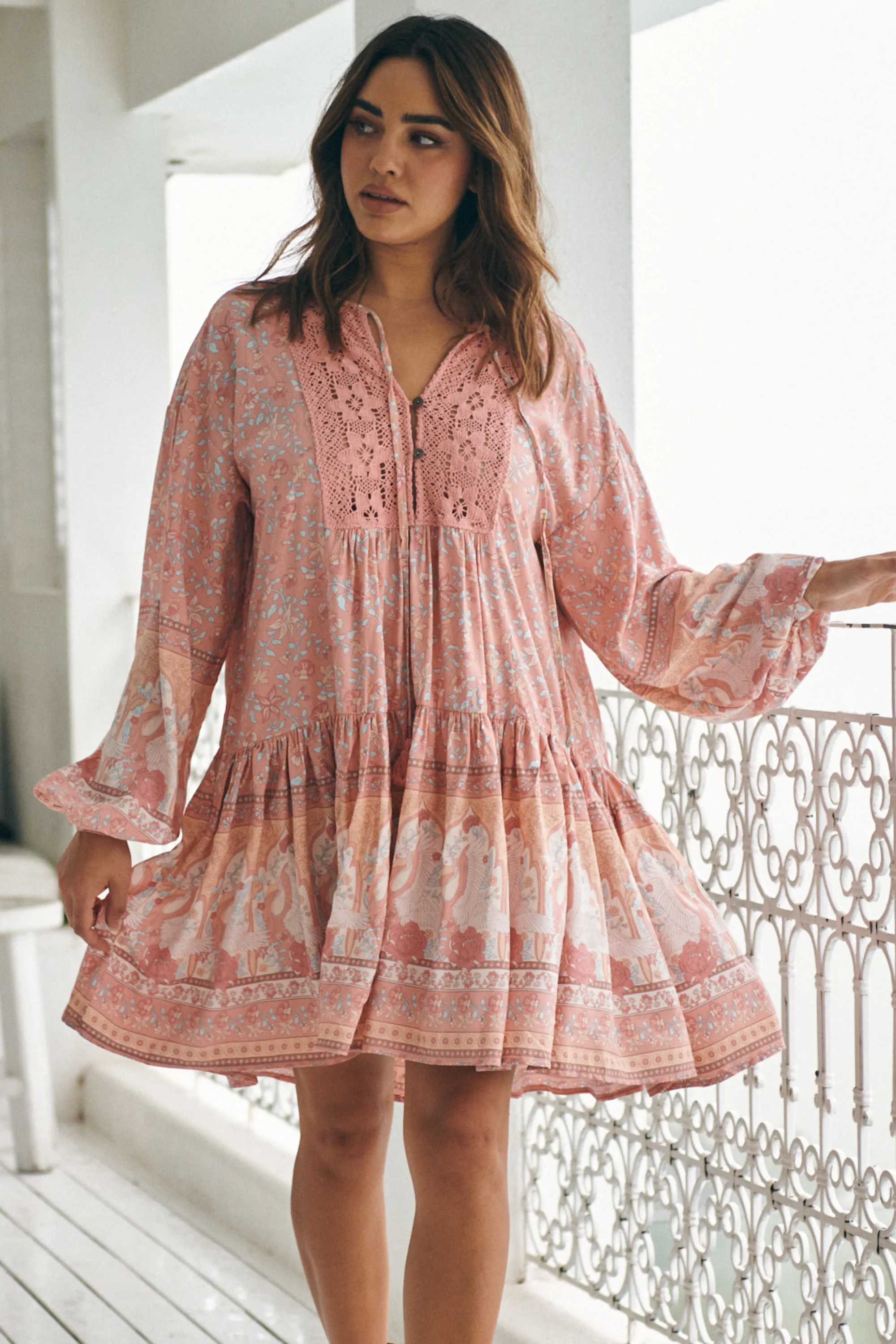 Sparrow Mini Dress - Lace Neckline Balloon Sleeve Smock Dress in Swan Lake Print sold by Salty Crush product image thumbnail 2