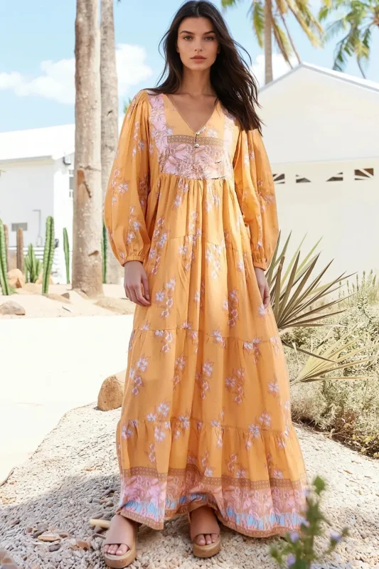 Meadow Maxi Dress - Long Sleeve Full Length Tiered Maxi Dress in Mango Paper Crane Print sold by Salty Crush