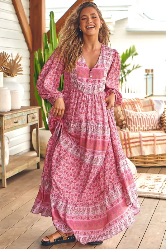 Meadow Maxi Dress - V-Neck Long Sleeve Tiered Dress in Rose Blossom Print sold by Salty Crush