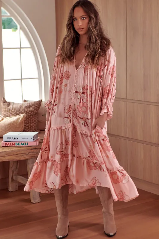 Briana Midi Dress - Frill Collar Oversized Buttoned Dress with Waist Tie and Frill Splicing in Beliss Print sold by Salty Crush