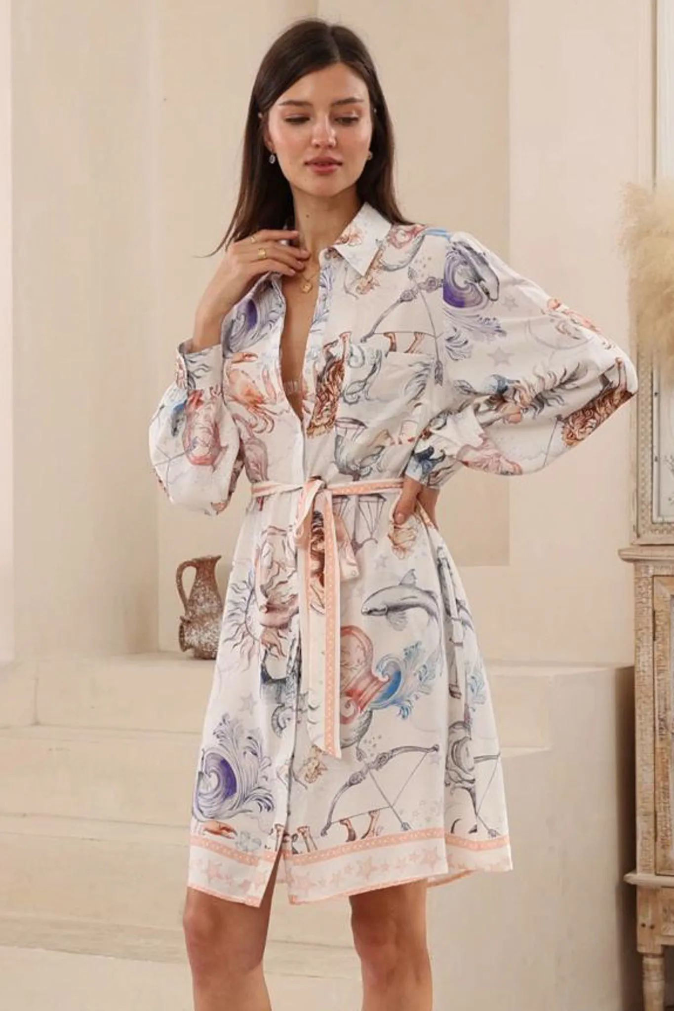 Ruby Mini Dress - Collared Shirt Balloon Sleeve Dress with Matching Belt in Zodiac Print sold by Salty Crush product image thumbnail 3