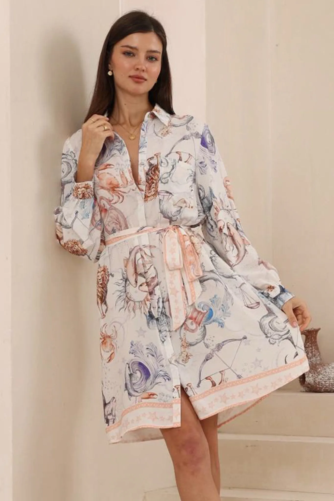 Ruby Mini Dress - Collared Shirt Balloon Sleeve Dress with Matching Belt in Zodiac Print sold by Salty Crush