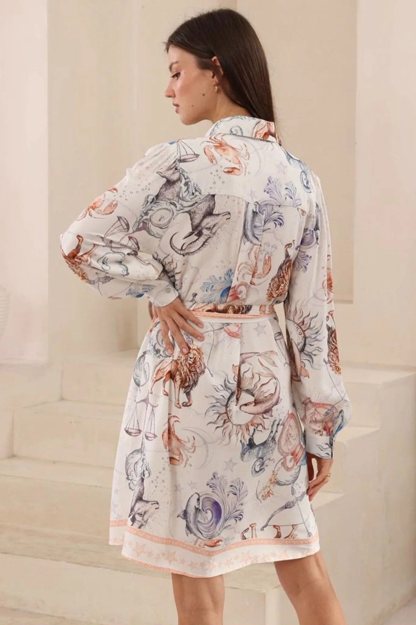 Ruby Mini Dress - Collared Shirt Balloon Sleeve Dress with Matching Belt in Zodiac Print sold by Salty Crush product image thumbnail 4