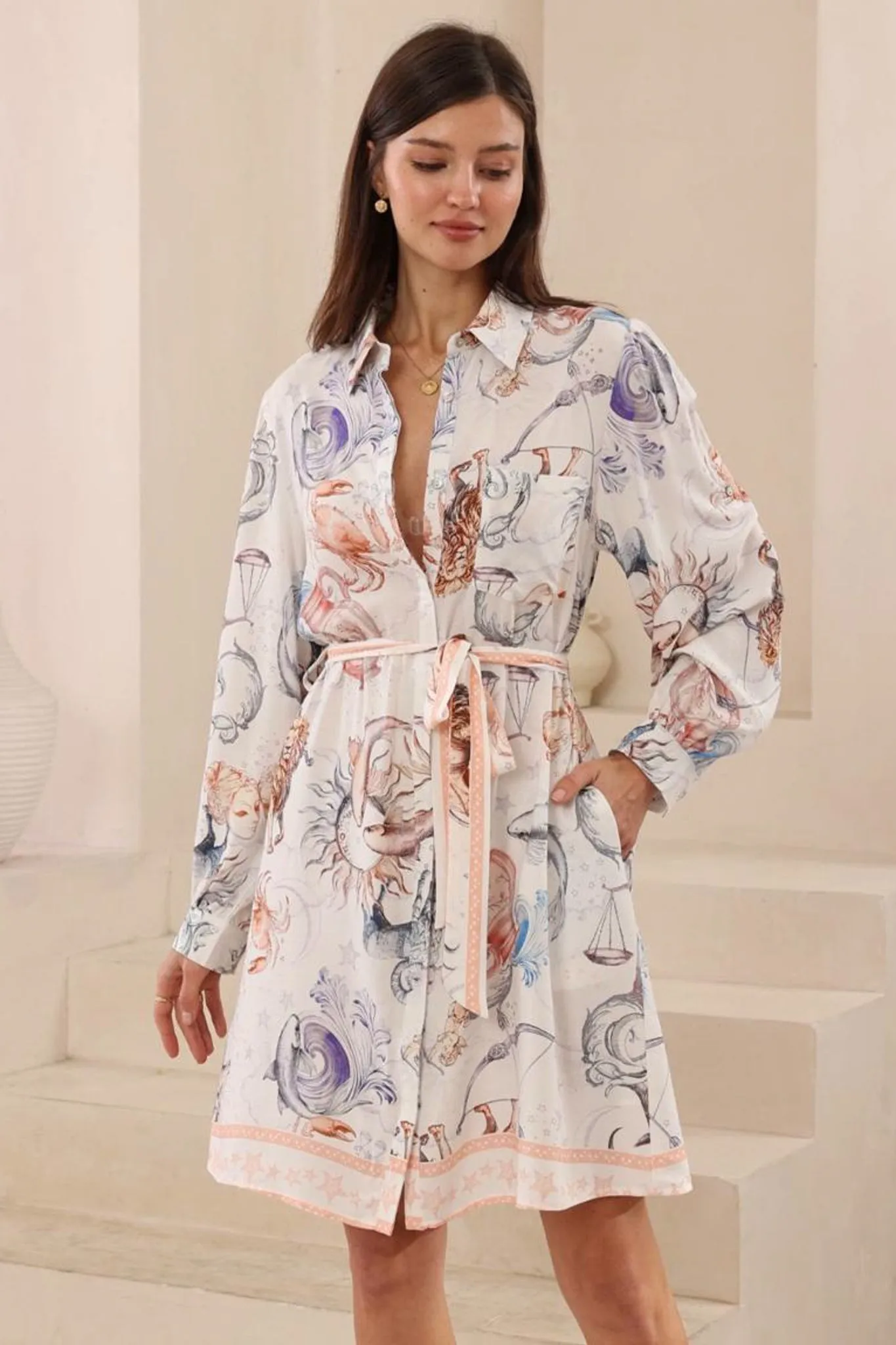 Ruby Mini Dress - Collared Shirt Balloon Sleeve Dress with Matching Belt in Zodiac Print sold by Salty Crush product image thumbnail 2