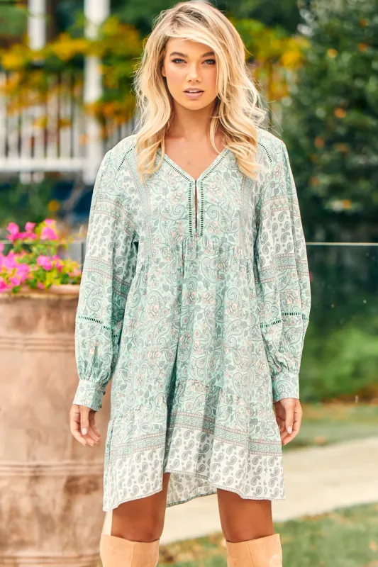 Leo Mini Dress - Empire Waist Dress with Balloon Sleeves in Mint Paisley Print sold by Salty Crush