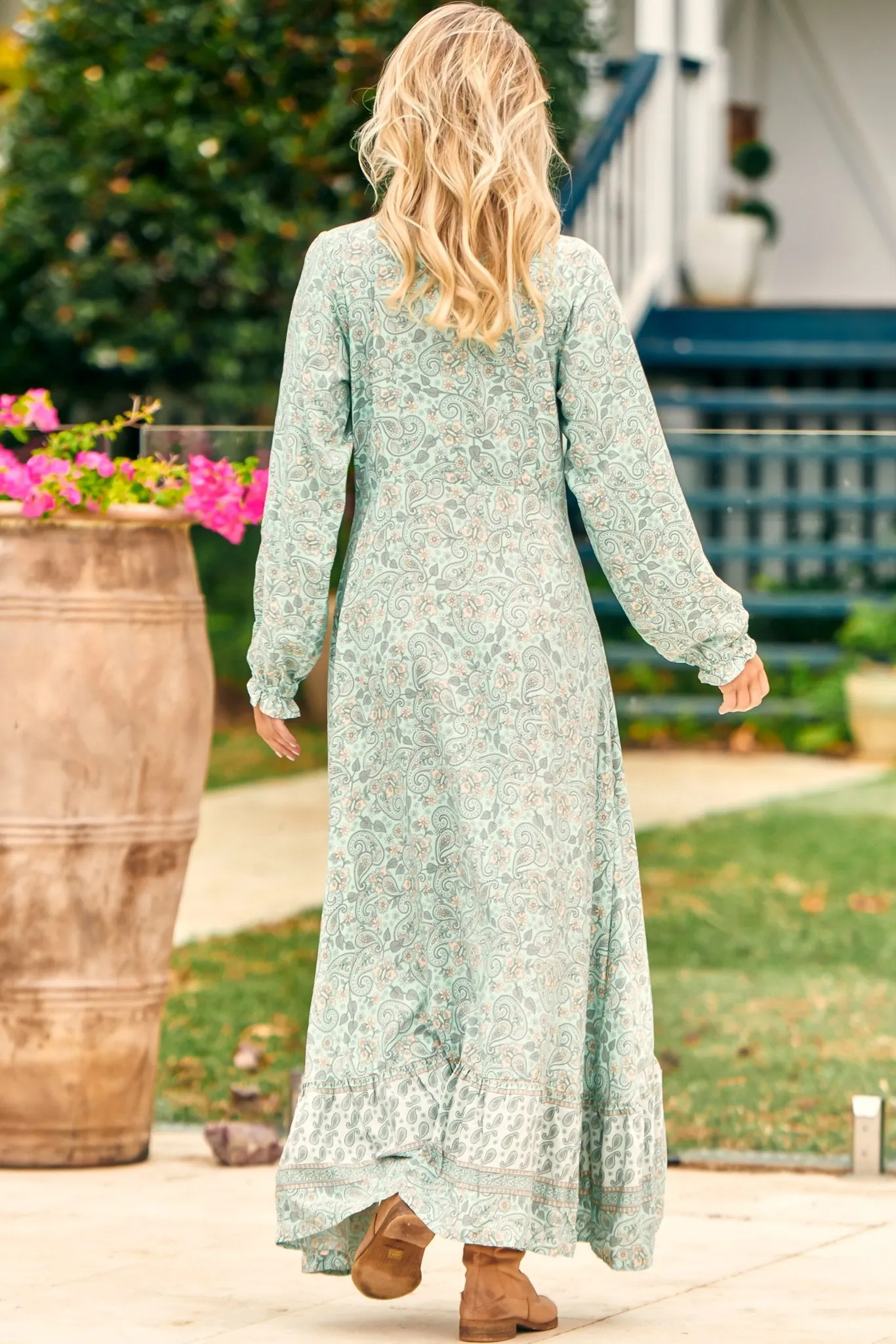 Gemini Maxi Dress - V-Neck Long Sleeve High-Low Frill Hem Dress in Mint Paisley Print sold by Salty Crush product image thumbnail 5