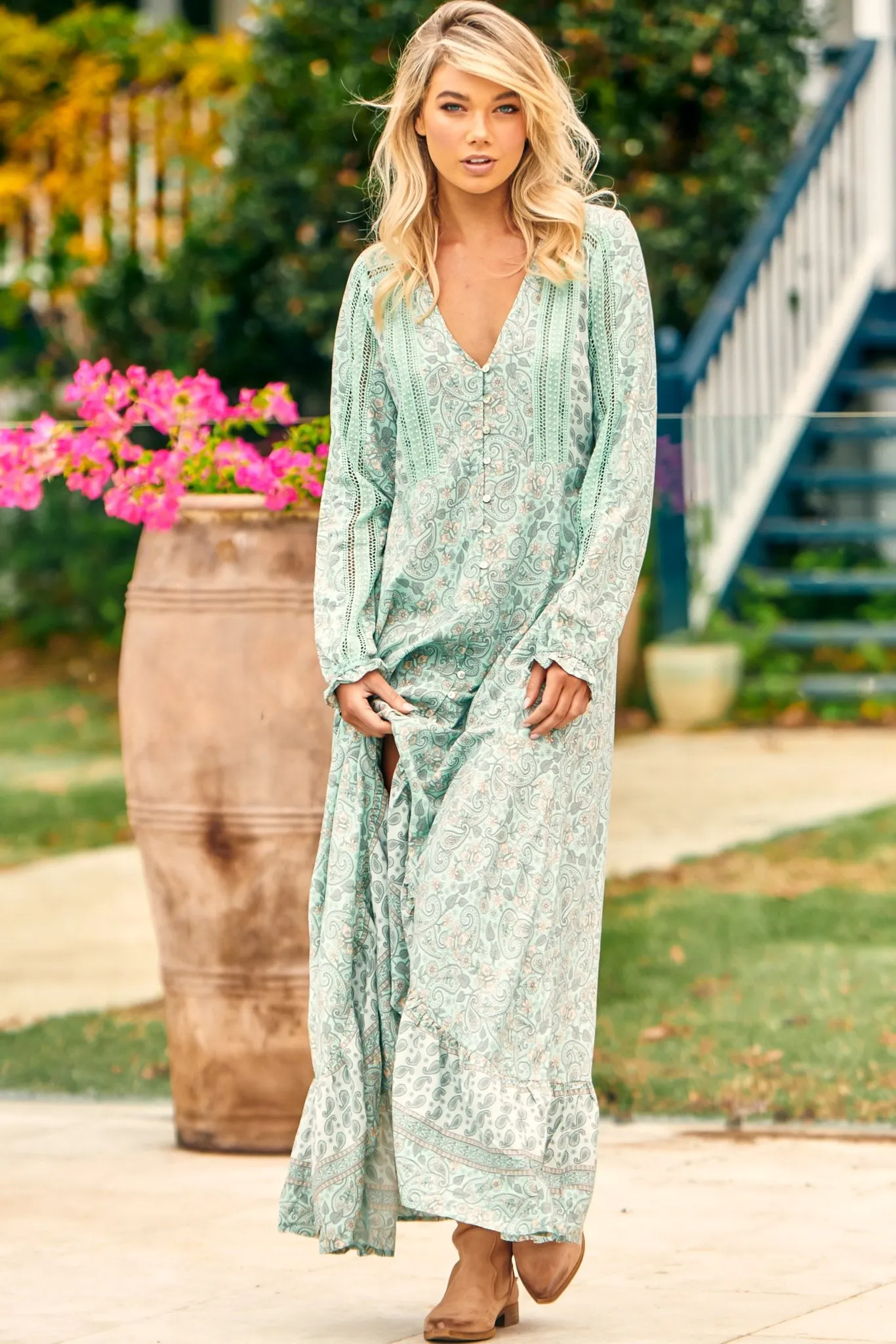 Gemini Maxi Dress - V-Neck Long Sleeve High-Low Frill Hem Dress in Mint Paisley Print sold by Salty Crush product image thumbnail 3