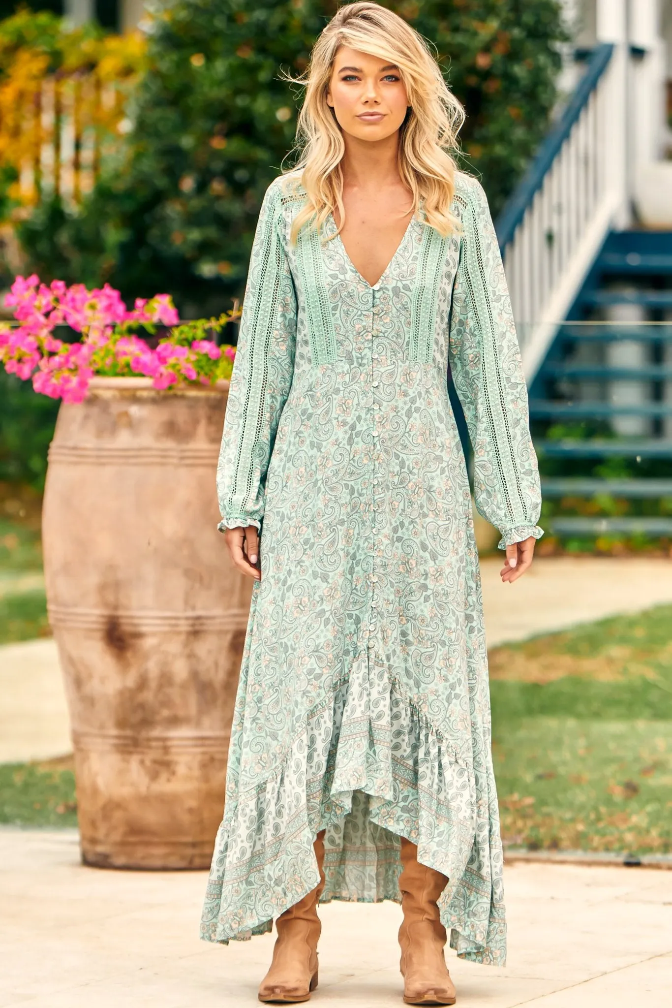 Gemini Maxi Dress - V-Neck Long Sleeve High-Low Frill Hem Dress in Mint Paisley Print sold by Salty Crush product image thumbnail 2