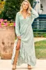 Gemini Maxi Dress - V-Neck Long Sleeve High-Low Frill Hem Dress in Mint Paisley Print sold by Salty Crush