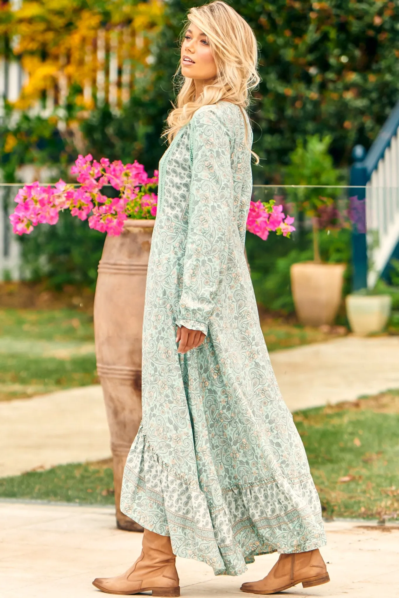 Gemini Maxi Dress - V-Neck Long Sleeve High-Low Frill Hem Dress in Mint Paisley Print sold by Salty Crush product image thumbnail 4