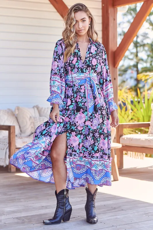 Briana Midi Dress - Frill Collar Oversized Buttoned Dress with Waist Tie and Frill Splicing in Black Bird Print sold by Salty Crush