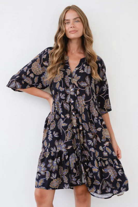 Maggie Mini Dress - Mandarin Collar Button Down Smock Dress in Enchanted Ink Print sold by Salty Crush