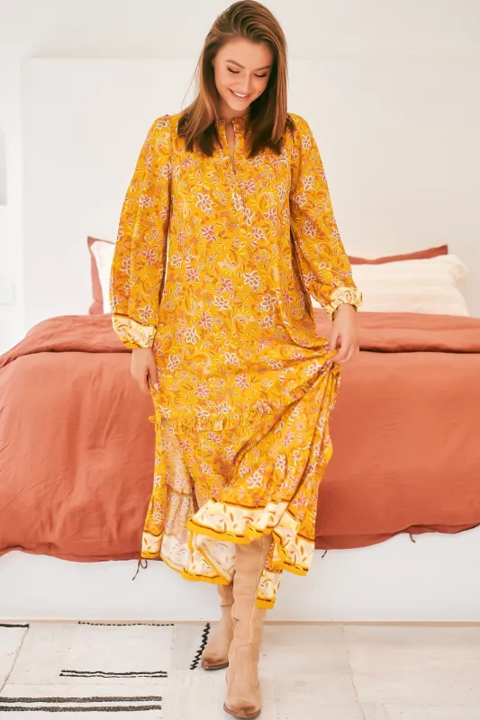 Kensey Maxi Dress - Mandarin Collar Long Sleeve Tiered Dress in Willow Print sold by Salty Crush