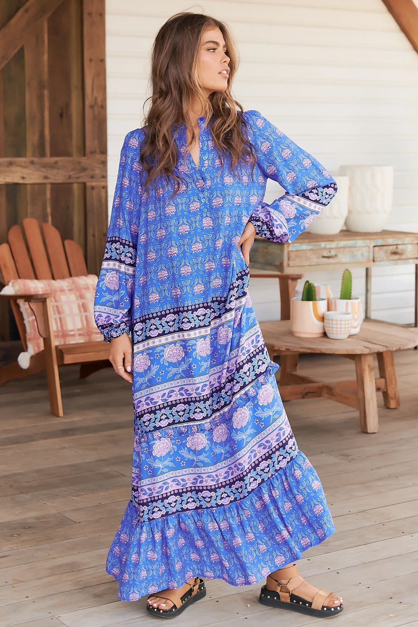 Kensey Maxi Dress - Mandarin Collar Long Sleeve Tiered Dress in Bluey Print sold by Salty Crush product image thumbnail 4