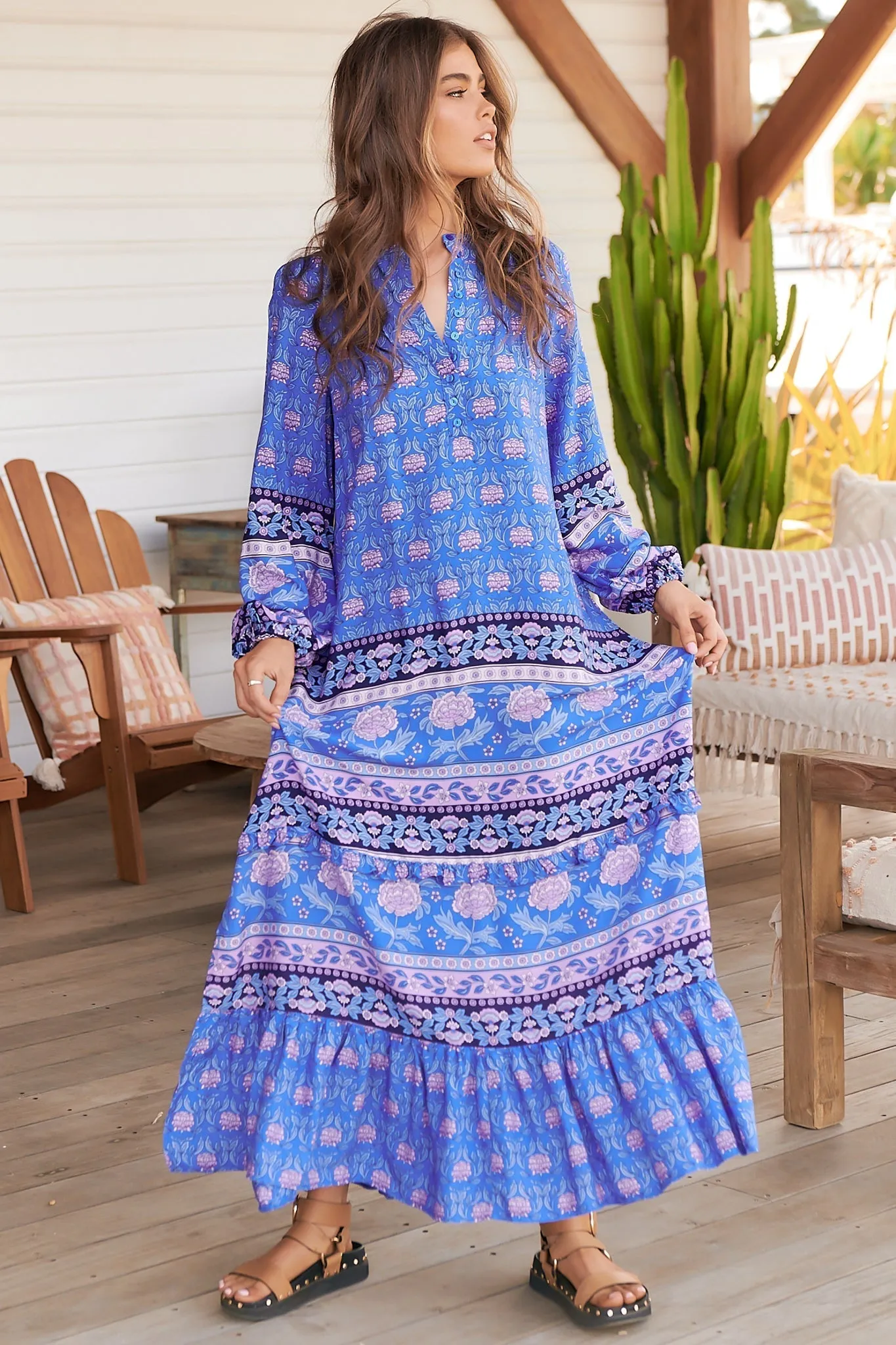 Kensey Maxi Dress - Mandarin Collar Long Sleeve Tiered Dress in Bluey Print sold by Salty Crush