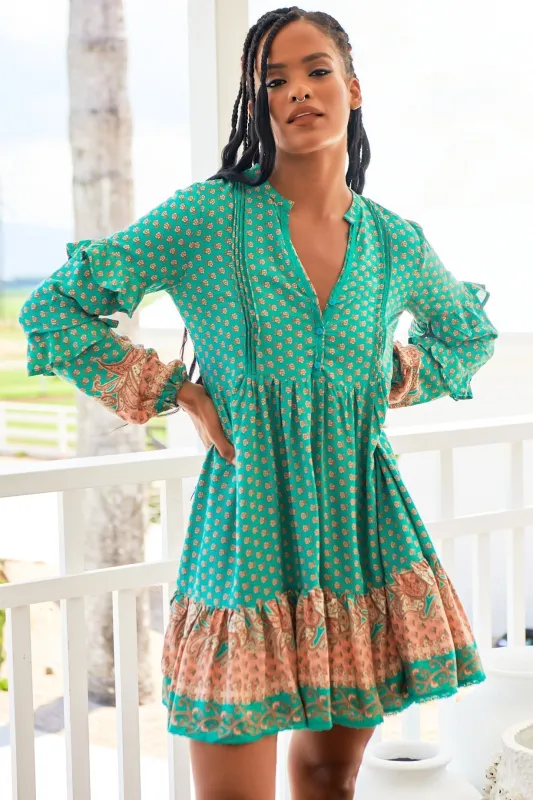 Fey Mini Dress - V-Neck Long Sleeve Mini Dress in Jade Print sold by Salty Crush