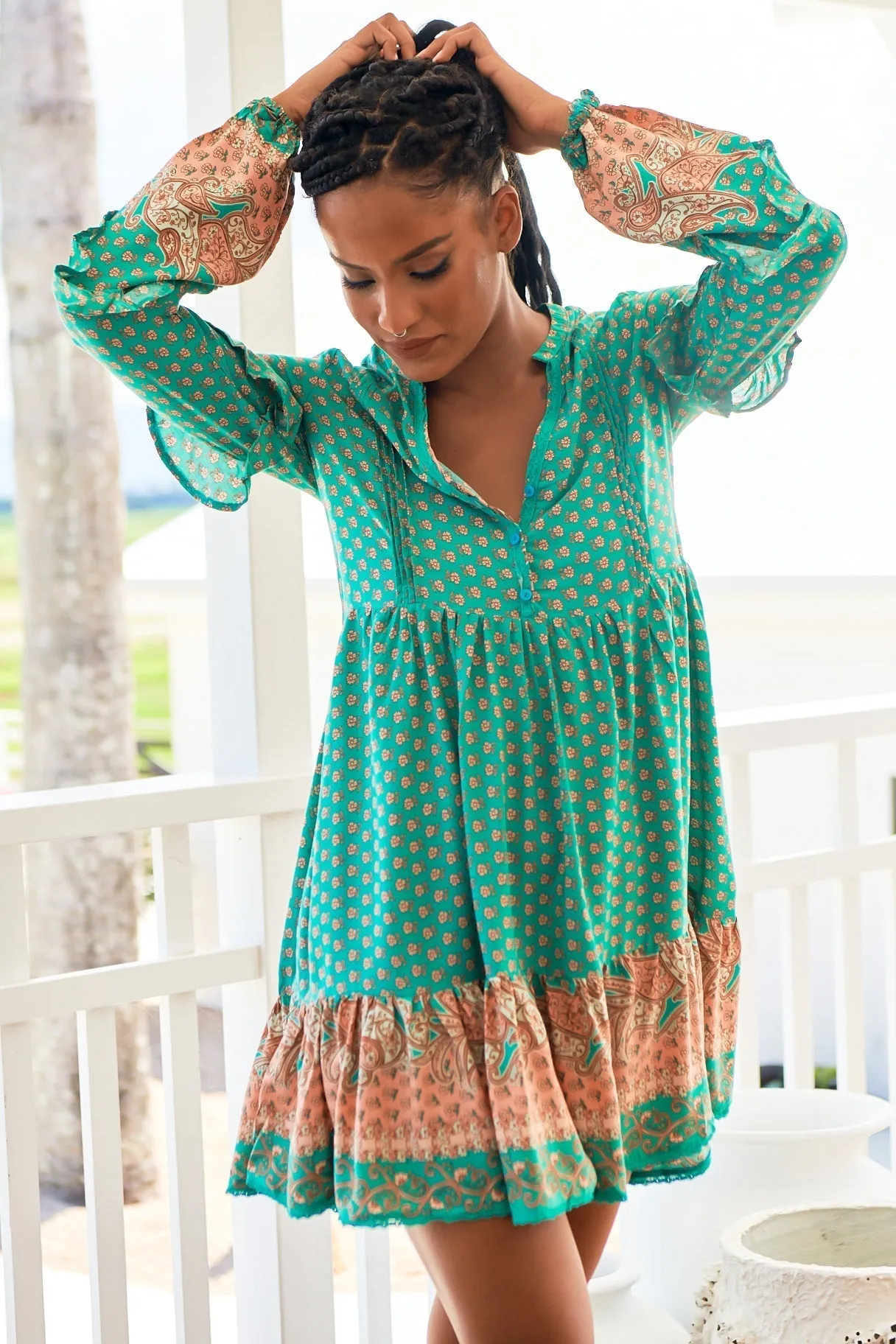 Fey Mini Dress - V-Neck Long Sleeve Mini Dress in Jade Print sold by Salty Crush product image thumbnail 3