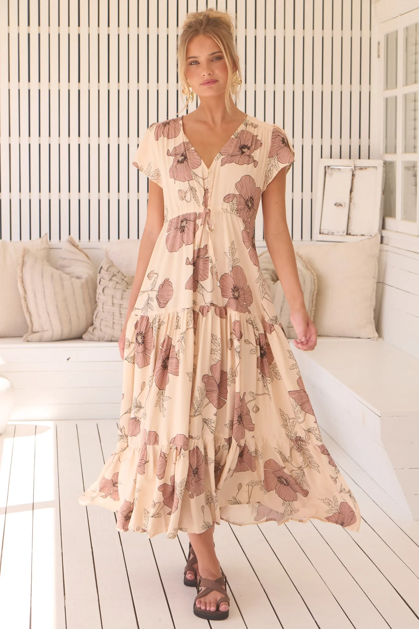 Melissa Maxi Dress - Pull Tie Waist Dress with Split in April Print sold by Salty Crush product image thumbnail 3