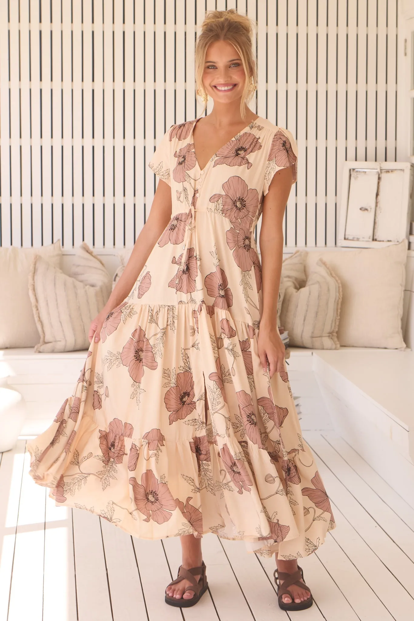 Melissa Maxi Dress - Pull Tie Waist Dress with Split in April Print sold by Salty Crush