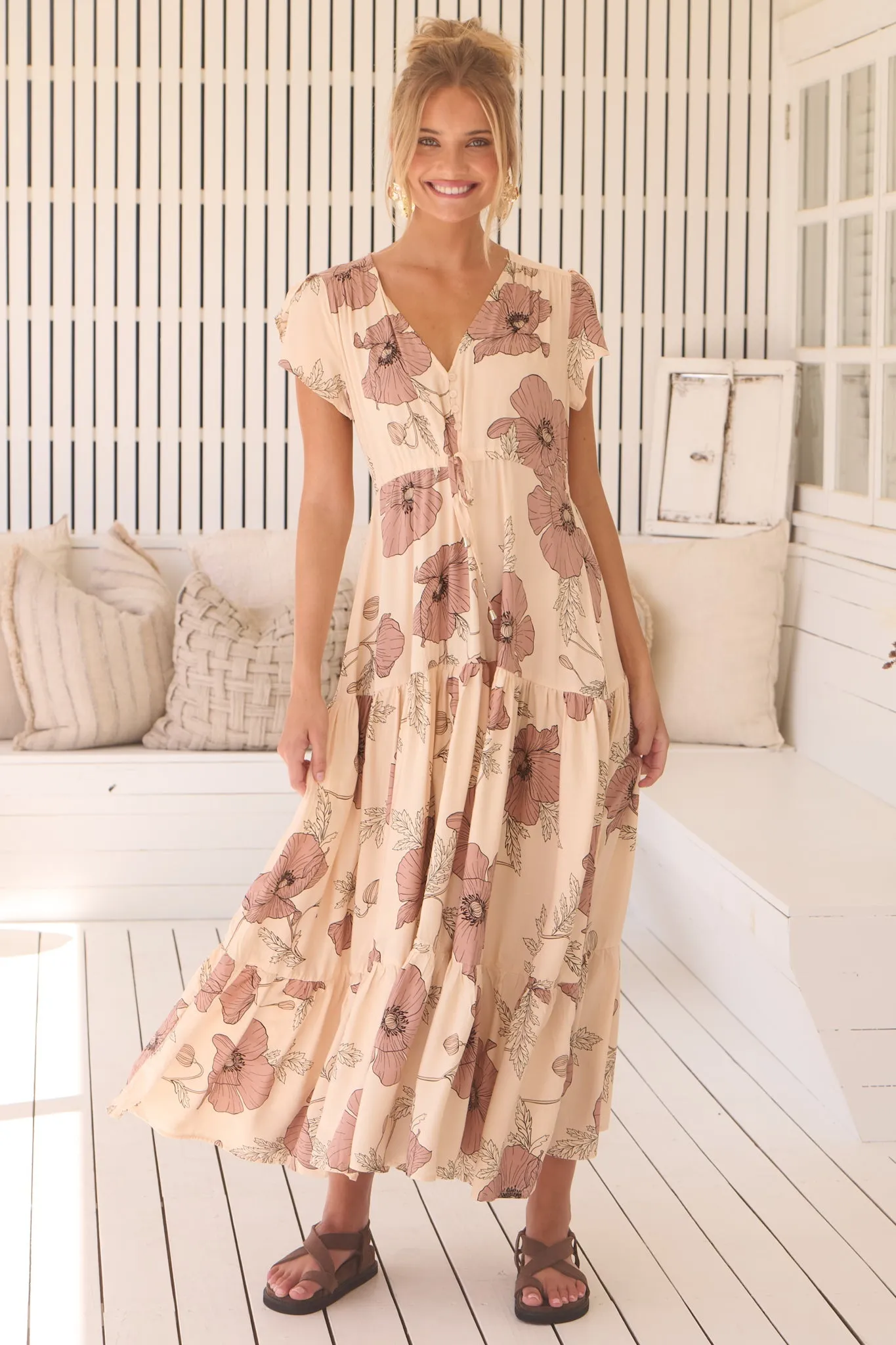 Melissa Maxi Dress - Pull Tie Waist Dress with Split in April Print sold by Salty Crush product image thumbnail 5