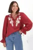 Lucian Blouse - Frill Neckline Pull Over Floral Decal Blouse in Red sold by Salty Crush