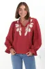 Lucian Blouse - Frill Neckline Pull Over Floral Decal Blouse in Red sold by Salty Crush