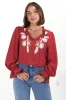 Lucian Blouse - Frill Neckline Pull Over Floral Decal Blouse in Red sold by Salty Crush