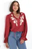 Lucian Blouse - Frill Neckline Pull Over Floral Decal Blouse in Red sold by Salty Crush