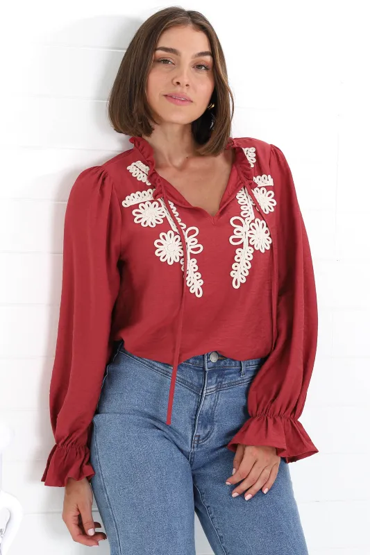 Lucian Blouse - Frill Neckline Pull Over Floral Decal Blouse in Red sold by Salty Crush