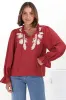 Lucian Blouse - Frill Neckline Pull Over Floral Decal Blouse in Red sold by Salty Crush