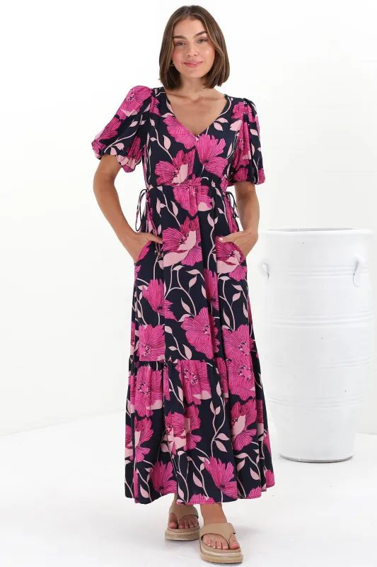 Camilla Maxi Dress - V-Neck Pull Tie Short Sleeve Dress in Ambi Print sold by Salty Crush