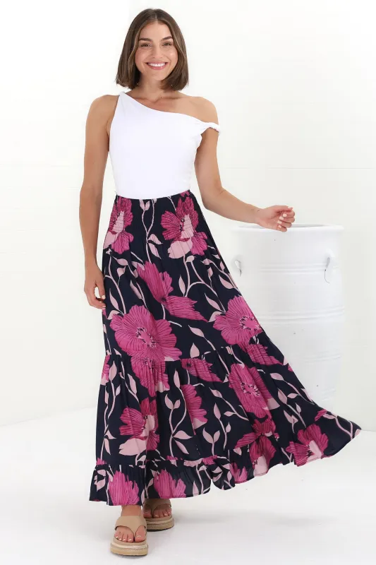 Lulu Maxi Skirt - Shirred Elasticated Waist Tiered Skirt in Ambi Print sold by Salty Crush