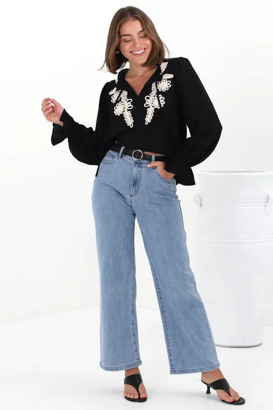 Lucian Blouse - Frill Neckline Pull Over Floral Decal Blouse in Black sold by Salty Crush