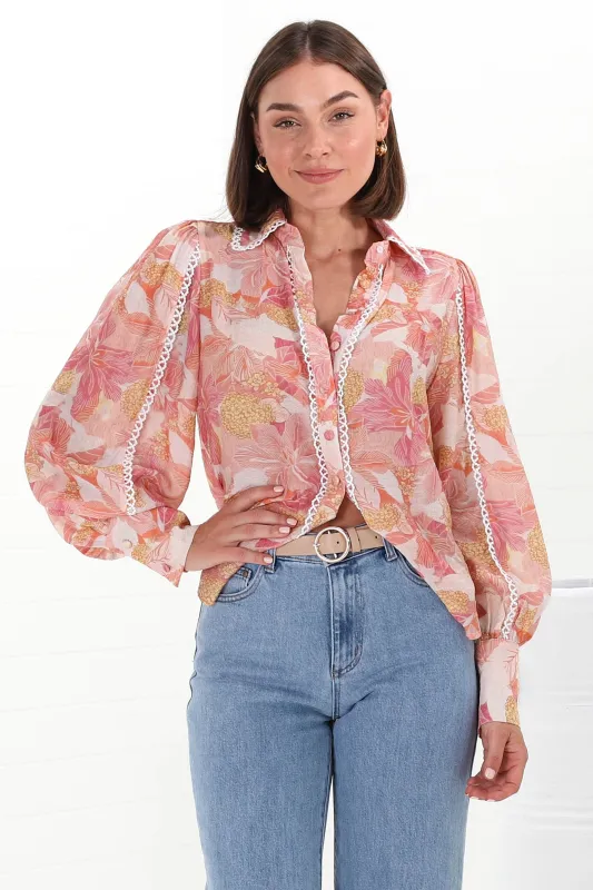 Shiloh Blouse - Contrast Trim Button Down Shirt in Lola Print sold by Salty Crush