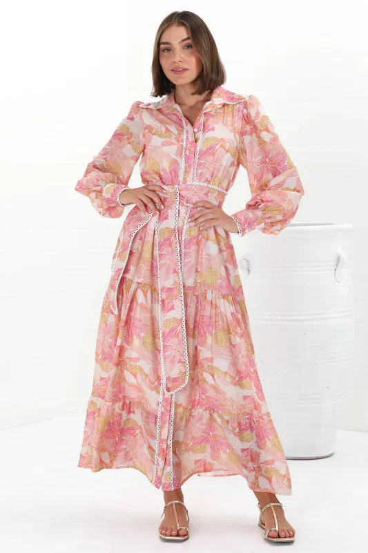 Wellsy Maxi Dress - Contrast Detailing Button Down Dress with Belt in Lola Print sold by Salty Crush
