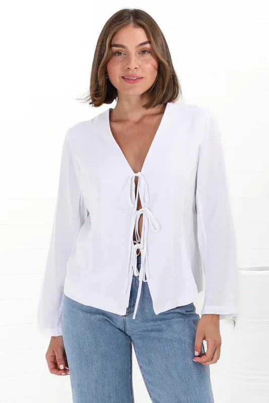 Peyton Top - Linen Tie Down Front Long Sleeve Lined Top in White sold by Salty Crush
