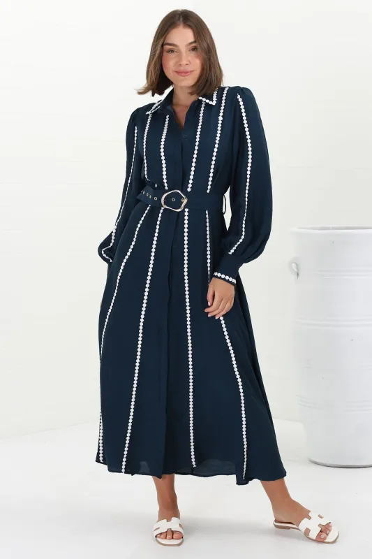 Monty Maxi Dress - Contrast Detailing Button Down Dress with Belt in Navy sold by Salty Crush
