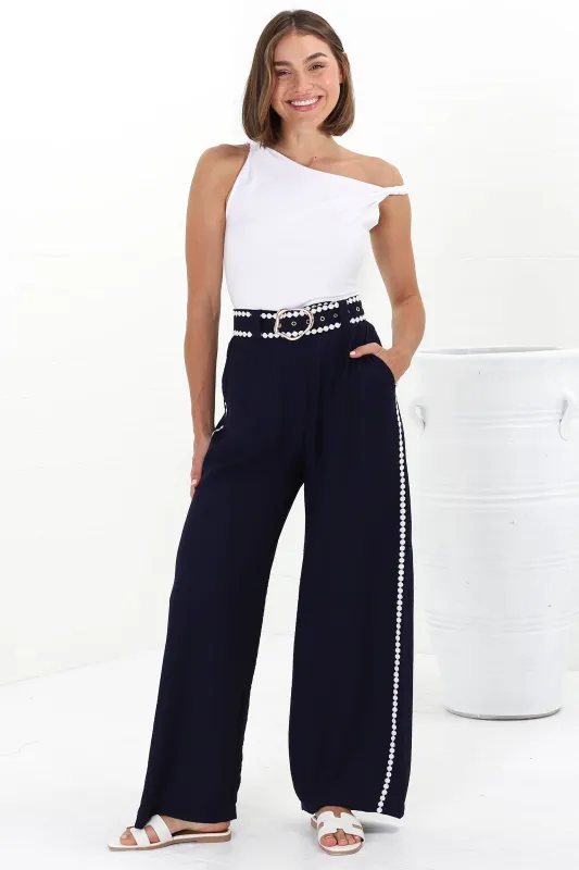 Bobbi Pants - High Waisted Constrast Trim Wide Leg Pants with Matching Belt in Navy sold by Salty Crush