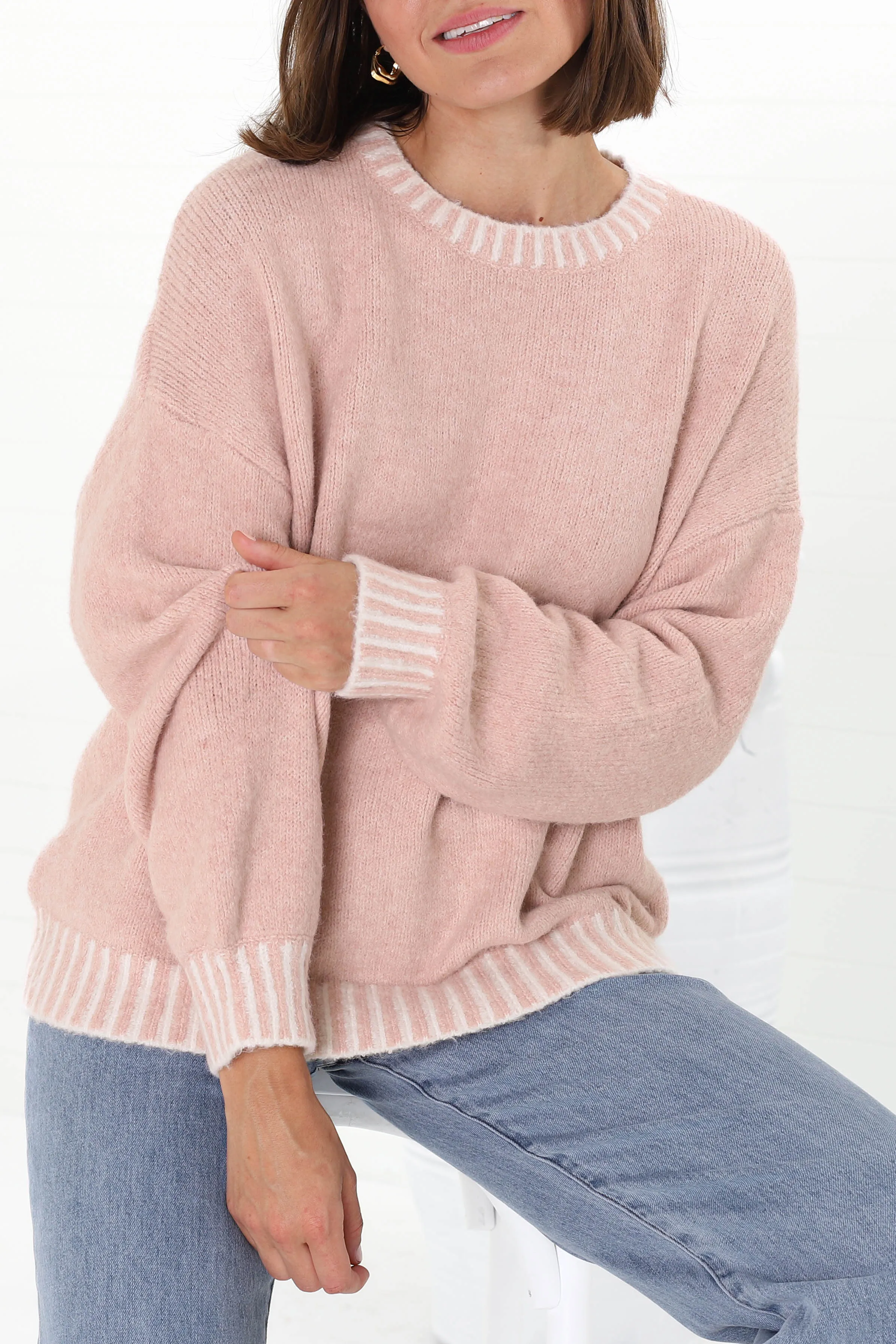 Aura Jumper - Crew Neck Jumper with Contrast Stripe Trim in Pink sold by Salty Crush product image thumbnail 2