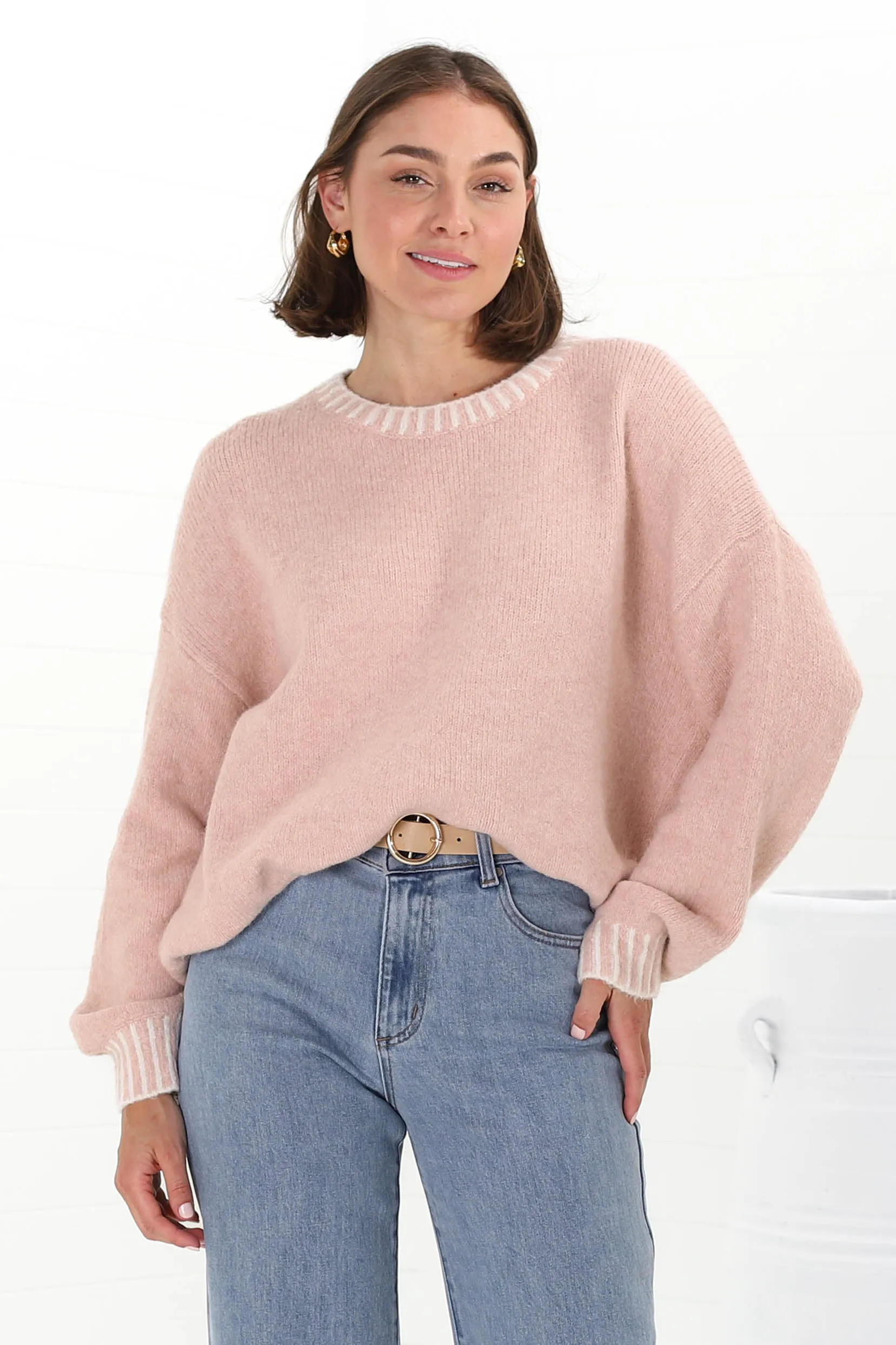 Aura Jumper - Crew Neck Jumper with Contrast Stripe Trim in Pink sold by Salty Crush