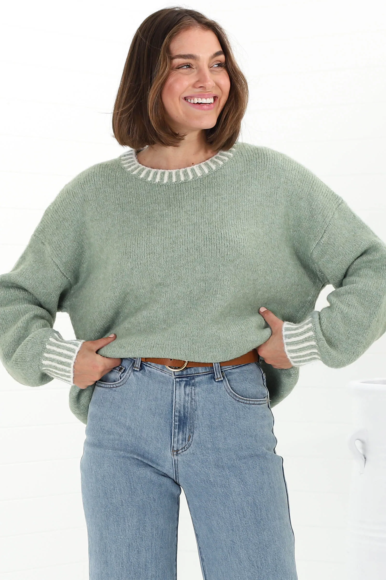 Aura Jumper - Crew Neck Jumper with Contrast Stripe Trim in Green sold by Salty Crush product image thumbnail 4