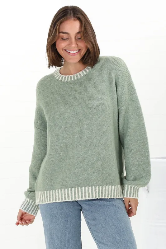 Aura Jumper - Crew Neck Jumper with Contrast Stripe Trim in Green sold by Salty Crush