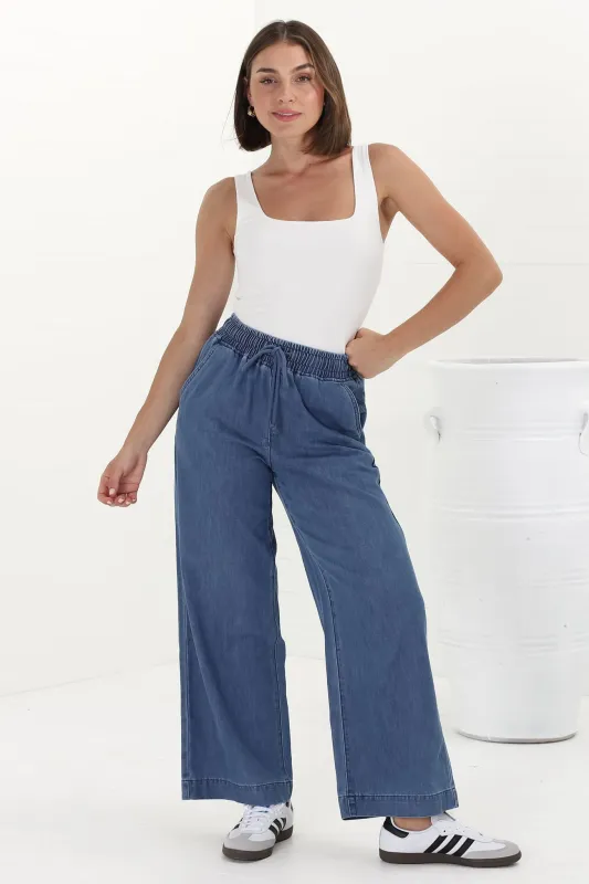 Zeke Jeans - Elasticated Waist Wide Leg Jeans in Medium Wash Denim sold by Salty Crush